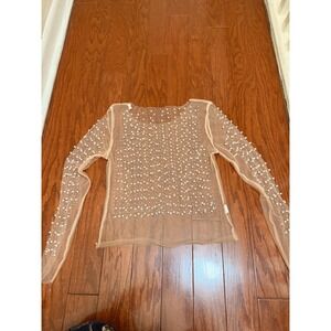 Unbranded Women Sheer Mesh Pearl Rhinestone Embellished Long Sleeve Top Nude S